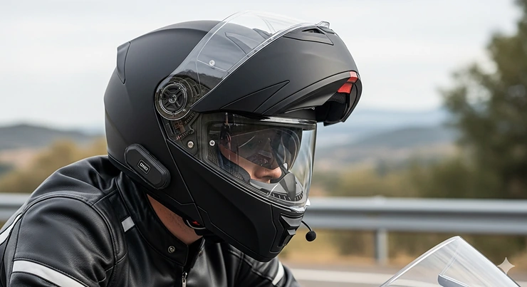 A rider wearing a sleek, black Bluetooth modular motorcycle helmet with the chin bar in the closed position, emphasizing its all-in-one design for safety and connectivity.