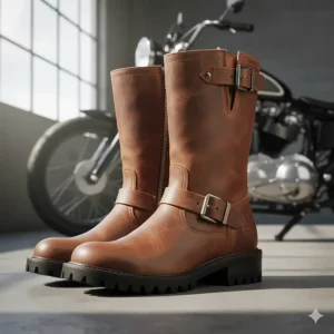 A pair of distressed brown leather motorcycle boots for women, offering an alternative to the classic black color.