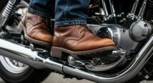 Rider's brown motorcycle boots resting securely on a bike's foot pegs.