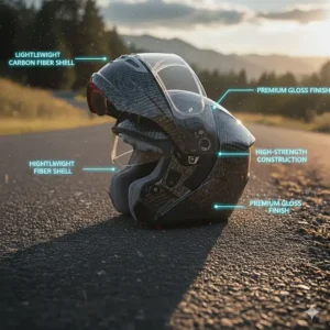 Lightweight carbon fiber full face motorcycle helmet, showcasing the material's strength and premium finish.