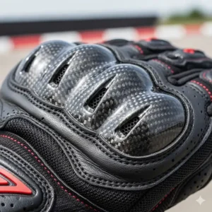 The carbon fiber knuckle protection on a high-performance summer motorcycle glove, emphasizing safety features.
