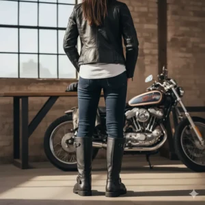 A casual outfit featuring jeans and a leather jacket, paired with trendy women's leather motorcycle boots for a stylish and functional look.