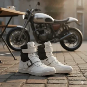 Casual-style white motorcycle boots that can be worn on and off the bike.