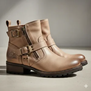 A pair of casual women's motorcycle boots in a lighter color, suitable for both riding and everyday wear.