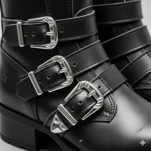 Macro shot of the shiny chrome buckles and adjustable straps on a pair of motorcycle boots with heels.
