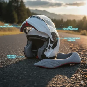 Soft, moisture-wicking inner padding and removable lining of a comfortable full face motorcycle helmet for easy cleaning.