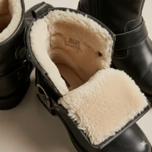 Interior view showing the warm, comfortable lining of the women's biker boots, ideal for colder weather.
