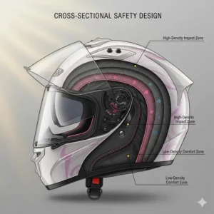 Cross-section view of a women's full face helmet, highlighting the multi-density EPS liner for superior safety.