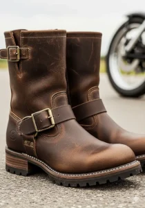Classic leather cruiser motorcycle boots with buckle details, perfect for long rides and a rugged look.