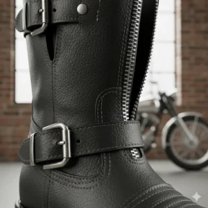 A detailed shot of the stitching and hardware on a pair of high-quality women's leather motorcycle boots, emphasizing craftsmanship.