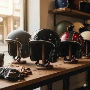 A display of several half helmet motorcycle options in various colors, including gloss black and matte gray.
