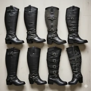 A collection of different styles of high-heeled motorcycle knee boots laid out for comparison.