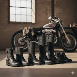 An array of different styles of women's leather motorcycle boots, including ankle-high, mid-calf, and full-length boots to show variety.