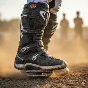 A close-up shot of a rider's feet on the pegs of a dirt bike, showing a pair of durable, high-performance dirt motorcycle boots. The boots are black with reinforced toe and ankle guards, providing a clear view of their protective features. The background is a dusty motocross track, and the image highlights the boots' rugged design and their importance for rider safety.