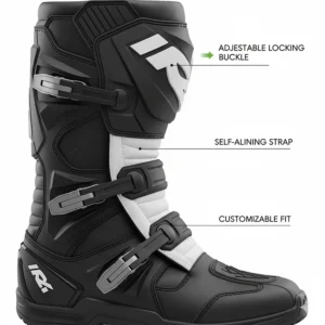 A close-up view of the adjustable buckle and strap closure system on a pair of dirt riding boots. The illustration emphasizes the durable, easy-to-use buckles that ensure a secure, customizable fit while riding.