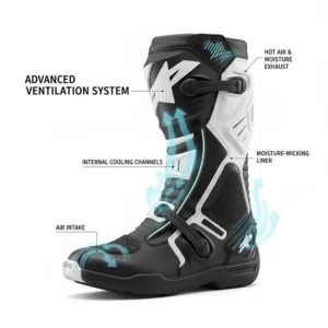An illustration showing the air vents and breathable materials on a dirt bike boot, explaining how they help to keep the rider's feet cool and dry during intense rides.