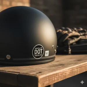 Close-up of a low-profile DOT approved half helmet showing the safety certification label.