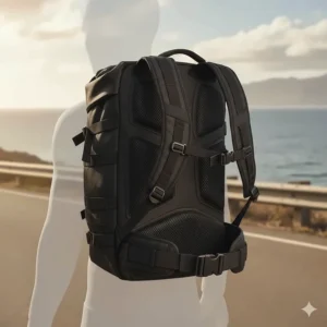 An image showing the backpack's ergonomic back panel and chest/waist straps.