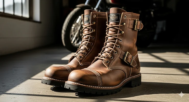 Full-grain leather brown motorcycle boots for riding comfort and style.