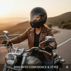 A confident female motorcyclist wearing a secure full face helmet while sitting on her cruiser bike.