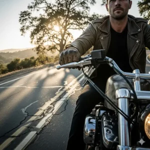 An action shot of a person riding a motorcycle while wearing high-quality fingerless gloves on a sunny day.