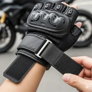 Image highlighting the adjustable wrist closure on fingerless motorcycle gloves with a velcro strap.