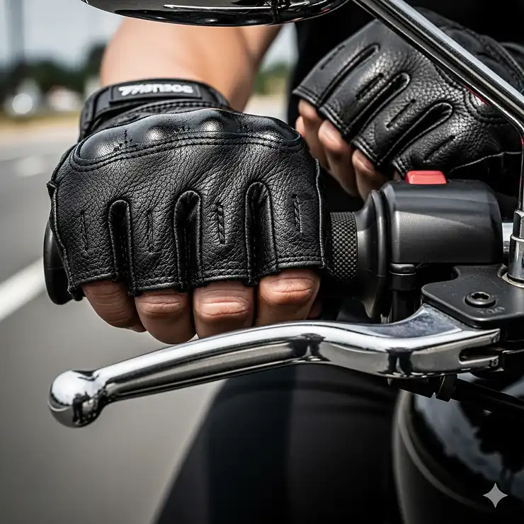 Close-up of a person wearing black leather fingerless motorcycle gloves gripping handlebars.