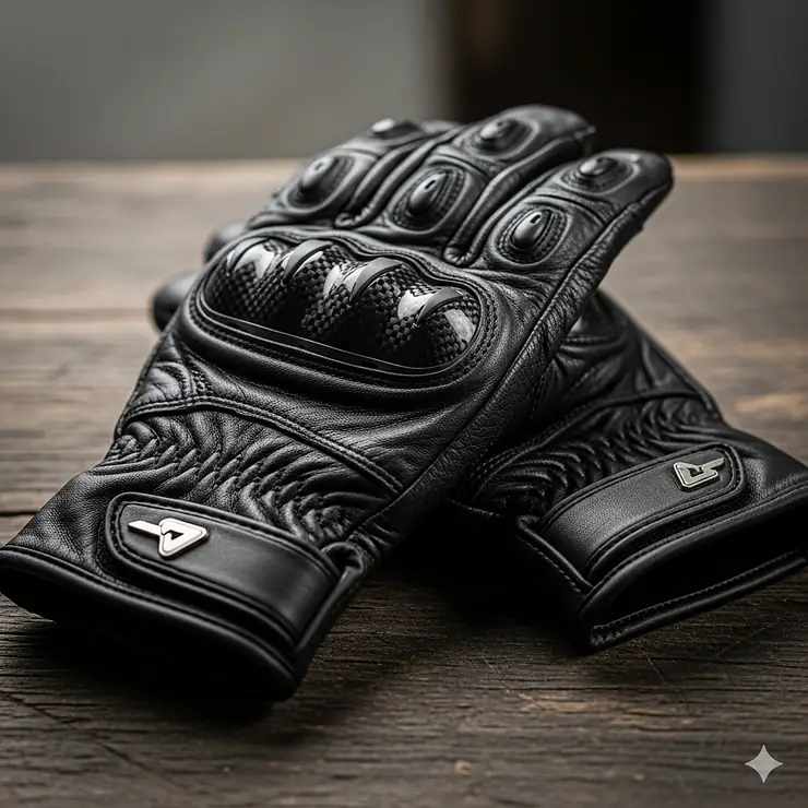 A close-up shot of a pair of black, leather motorcycle gloves with reinforced knuckles, featuring a comfortable fit and stylish design. These gloves offer excellent protection and grip for riders. five motorcycle gloves