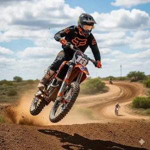A rider wearing a full Fox Racing gear set, including the gloves, on a motocross track.