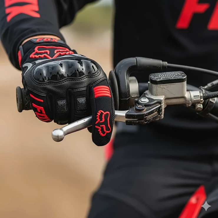 A close-up shot of a rider's hands wearing black and red Fox Racing motorcycle gloves on the handlebars of a dirt bike.