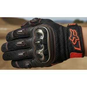 A side-view shot of the Fox Racing Dirtpaw motorcycle gloves, highlighting their durable construction and breathable mesh.