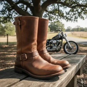 The adjustable metal buckle and strap detail on the shaft of the Frye motorcycle boots.