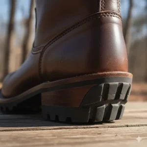 The rugged, durable sole and heel of classic Frye motorcycle boots for excellent grip.