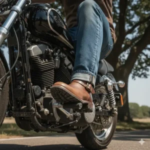 A rider's feet resting on the pegs, showcasing Frye motorcycle boots in action.
