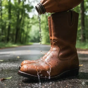 Demonstrating the water-resistant quality of these reliable Frye riding boots.