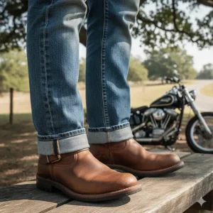 Styling Frye motorcycle boots with classic denim jeans for a timeless biker look.