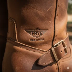 Close-up on the embossed Frye brand logo found on the side of the motorcycle boots.
