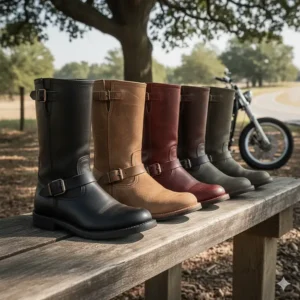 An array of Frye motorcycle boots in various colors, including black, brown, and distressed leather.