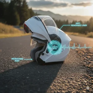 Side view of a modular-style full face helmet with integrated cutouts for a seamless Bluetooth communication system installation.