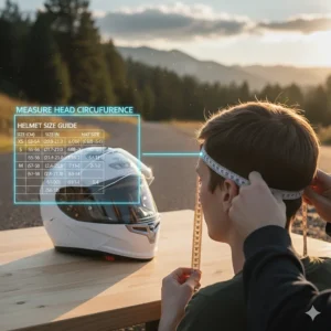 Graphic showing a head measurement being taken to find the correct size for a secure and snug full face helmet fit.