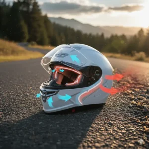 Diagram showing the advanced ventilation system on a full face helmet, with intake and exhaust vents for excellent airflow and comfort.