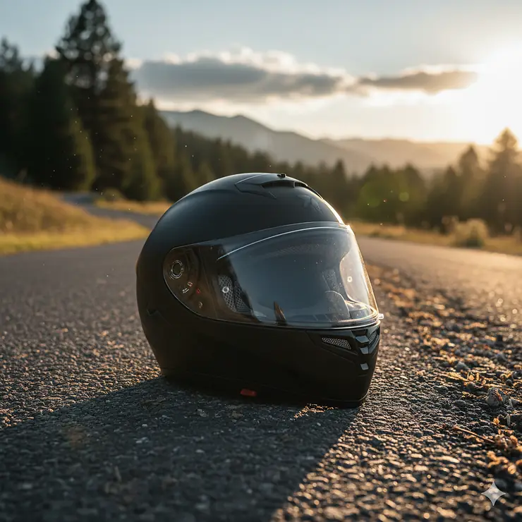 A rider wearing a full face motorcycle helmet in a matte black finish, offering maximum protection and a wide field of vision.