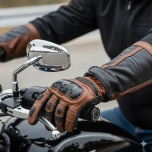 A rider wearing long-cuffed, gauntlet-style leather motorcycle gloves for maximum wrist protection.