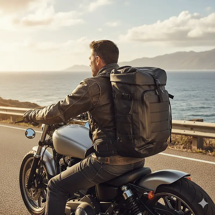 A rider wearing a good backpack for motorcycles sits on their cruiser, demonstrating a secure and comfortable fit. good backpacks for motorcycles