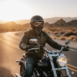 A rider on a cruiser motorcycle wearing a sleek black half helmet motorcycle for open-air freedom and protection.