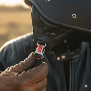 Detail shot of a quick-release chin strap system on a half helmet, highlighting ease of use.
