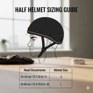 Graphic illustrating how to measure your head for the correct half helmet motorcycle sizing before purchase.