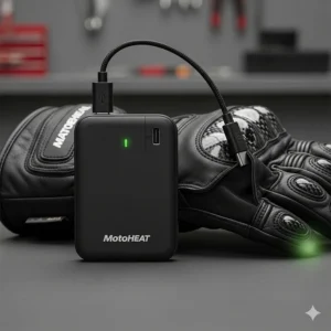 A small, rechargeable battery pack specifically designed to power heated gloves for motorcycles.