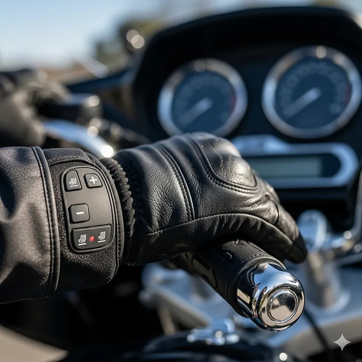 A close-up shot of a rider's hands wearing heated motorcycle gloves, showing the controls on the wrist for adjusting the heat levels.