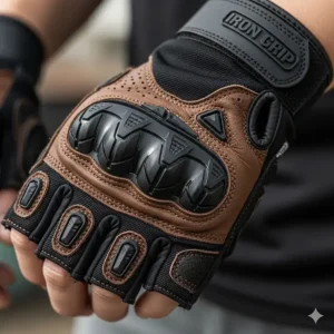 Detailed shot of heavy-duty fingerless gloves featuring reinforced knuckles and abrasion resistance.